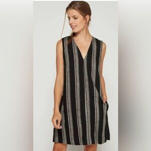 Gap Linen Blend Sleeveless Stripe Shift Dress Black Gray Pockets Size M